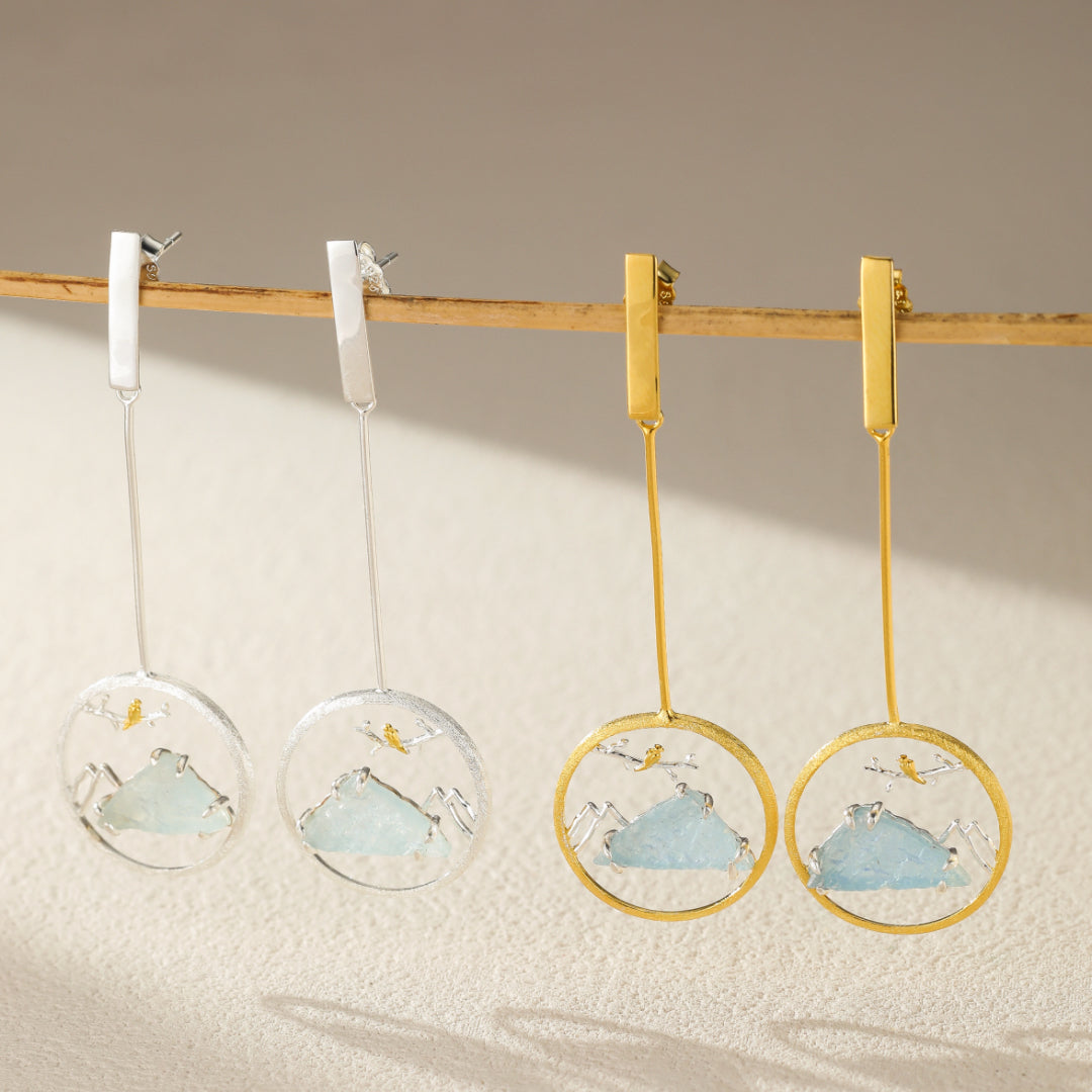 Boucles d'Oreilles Aigue Marine – Petit Oiseau, Argent Plaqué Or