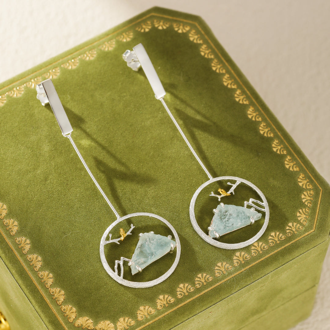 Boucles d'Oreilles Aigue Marine – Petit Oiseau, Argent Plaqué Or