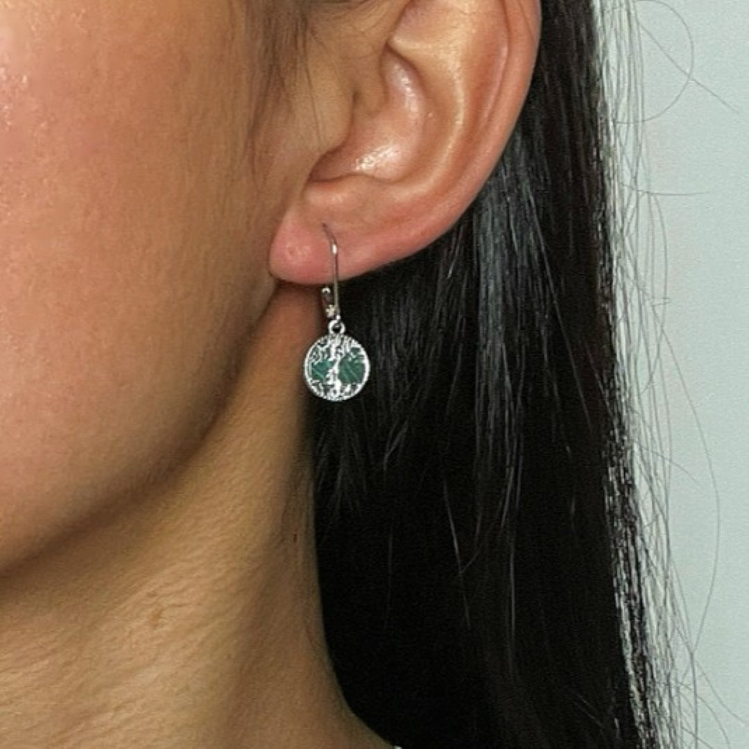Boucles d’oreilles Arbre de Vie Malachite – Racines Sacrées, Argent