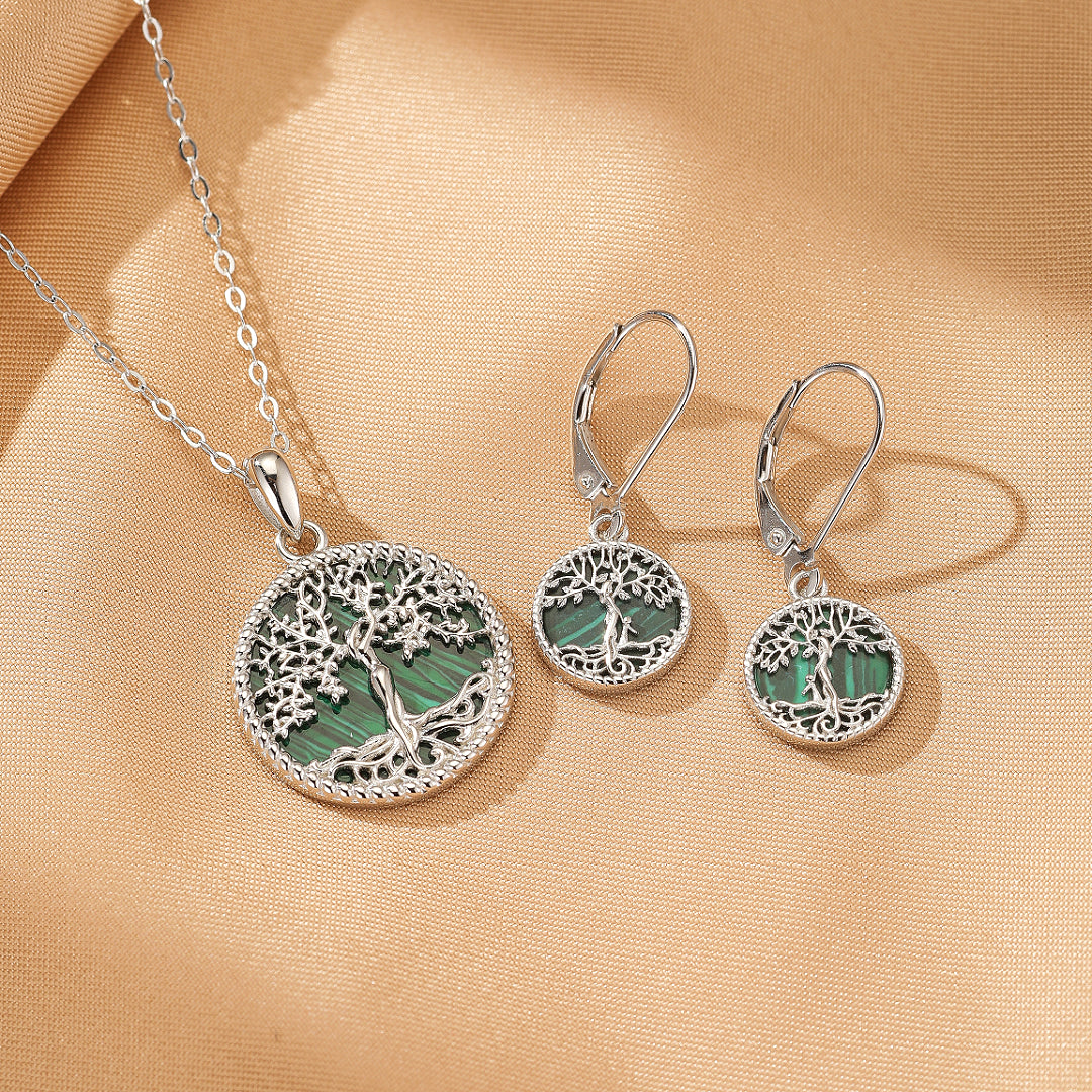 Boucles d’oreilles Arbre de Vie Malachite – Racines Sacrées, Argent