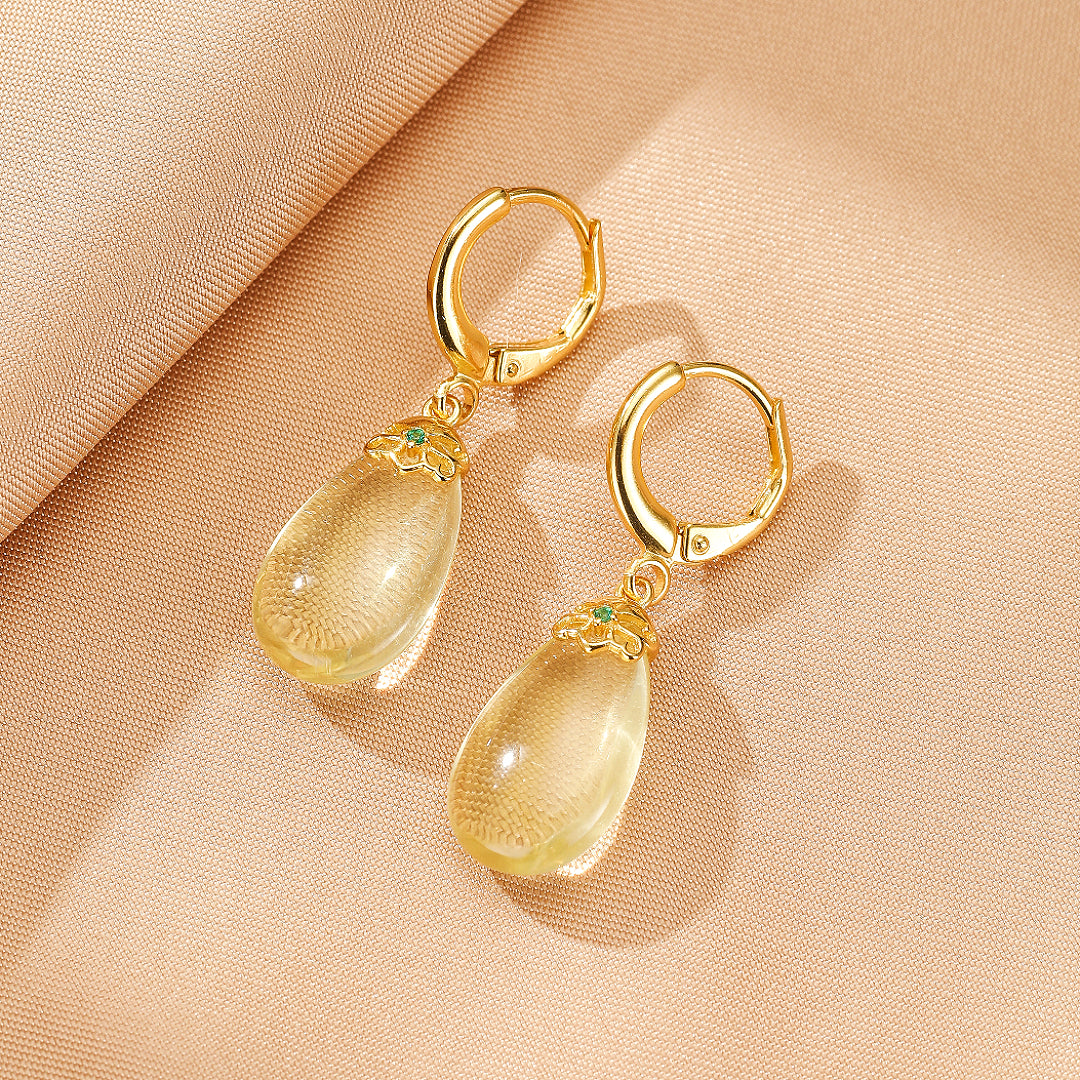 Boucles d’oreilles Citrine – Goutte de Soleil, Argent Plaqué Or