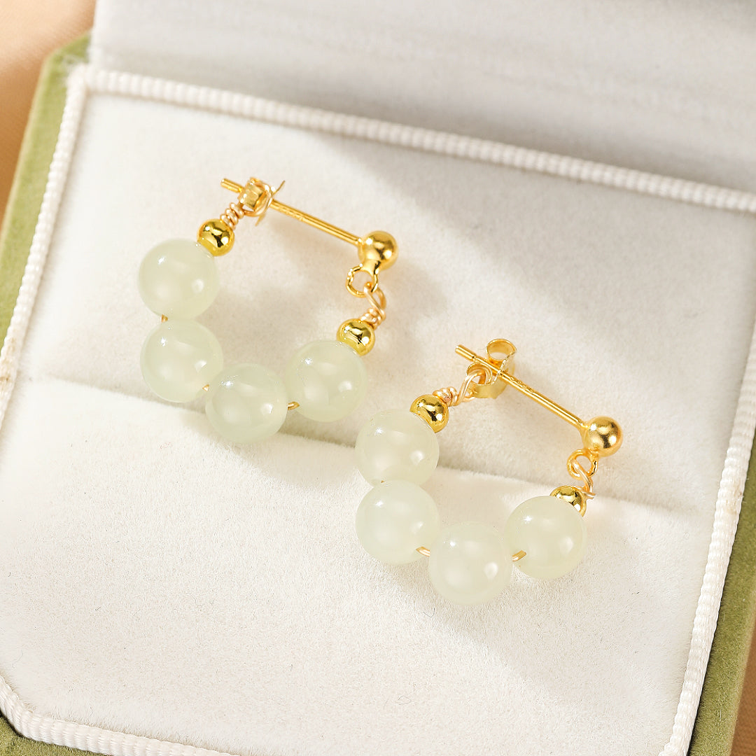 Boucles d’Oreilles Créoles Jade – Sérénité Courbée, Argent