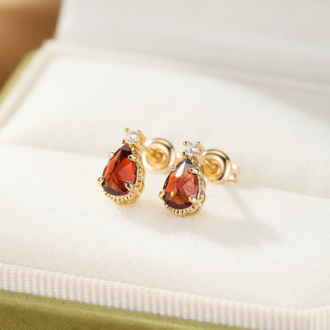 Boucles d’oreilles Grenat – Goutte de Feu, Argent Plaqué Or