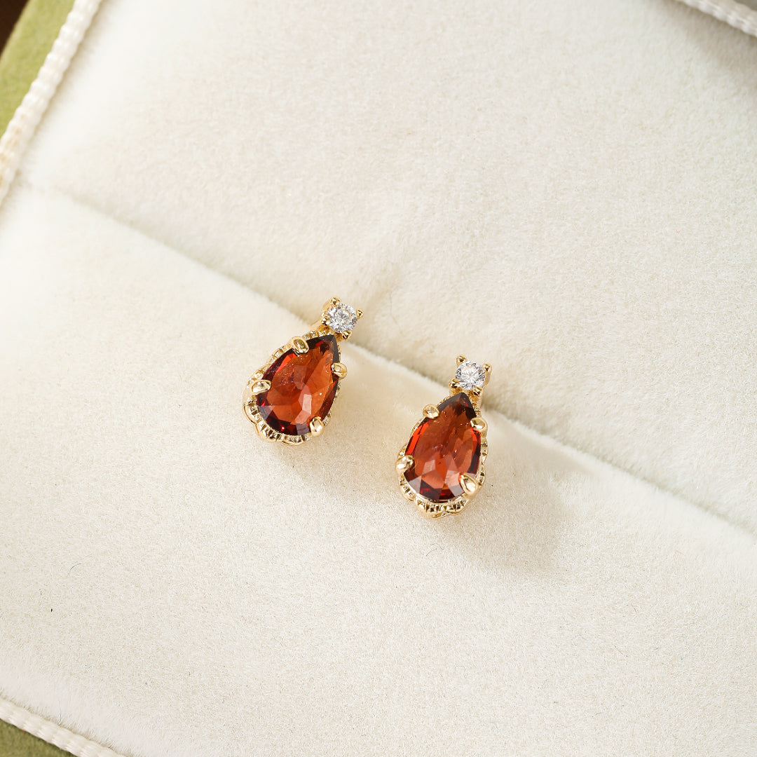 Boucles d’oreilles Grenat – Goutte de Feu, Argent Plaqué Or
