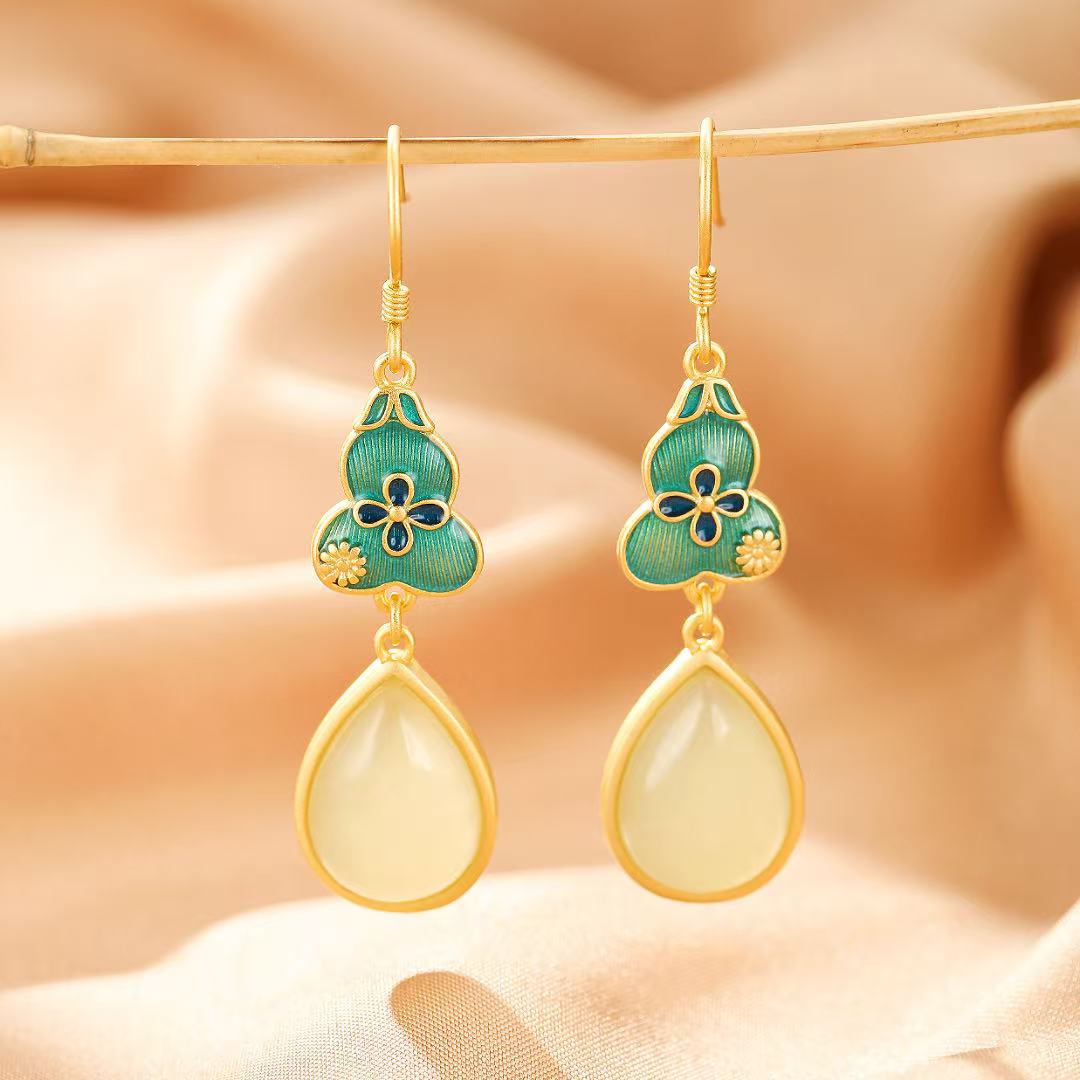 Bijoux-Boucles d'Oreilles Jade – Goutte de Chance, Argent Plaqué Or