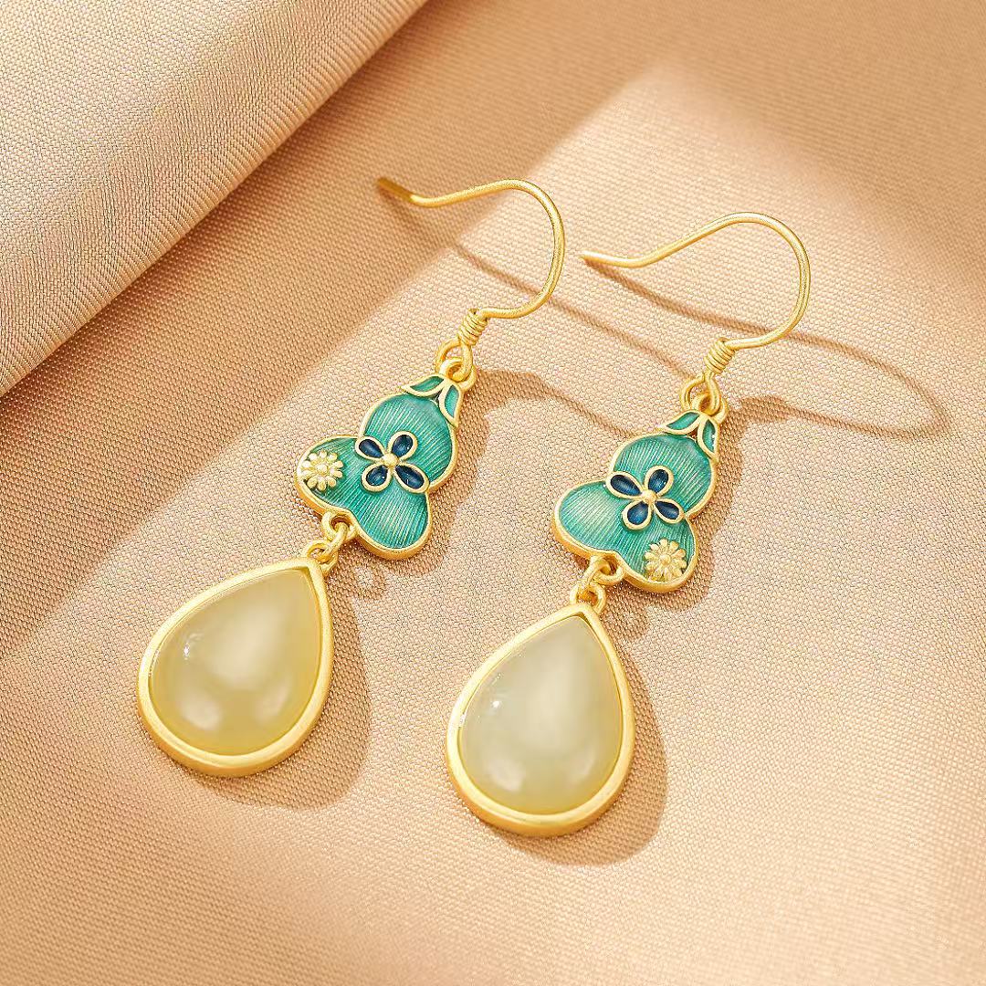 Bijoux-Boucles d'Oreilles Jade – Goutte de Chance, Argent Plaqué Or