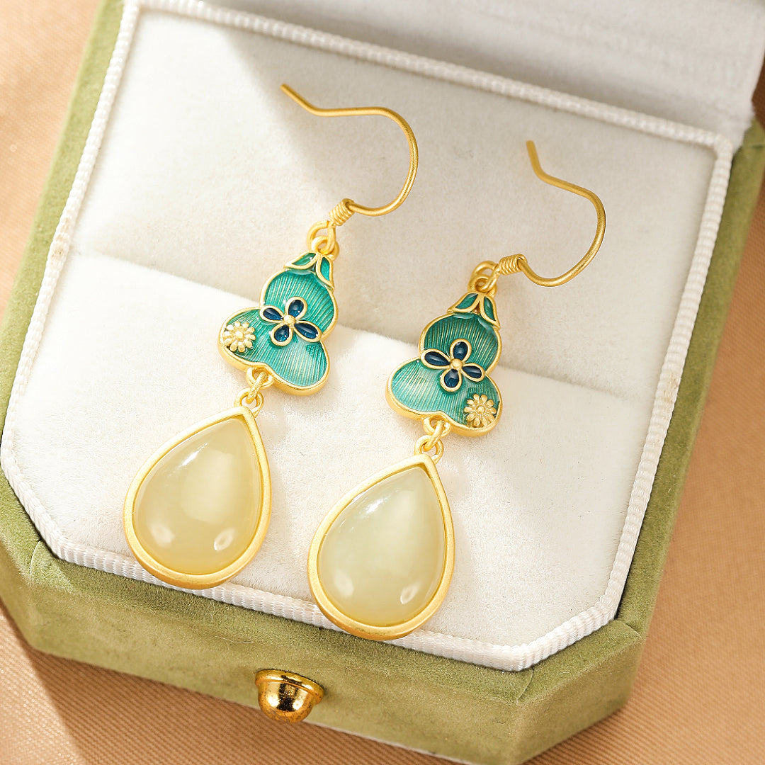 Bijoux-Boucles d'Oreilles Jade – Goutte de Chance, Argent Plaqué Or