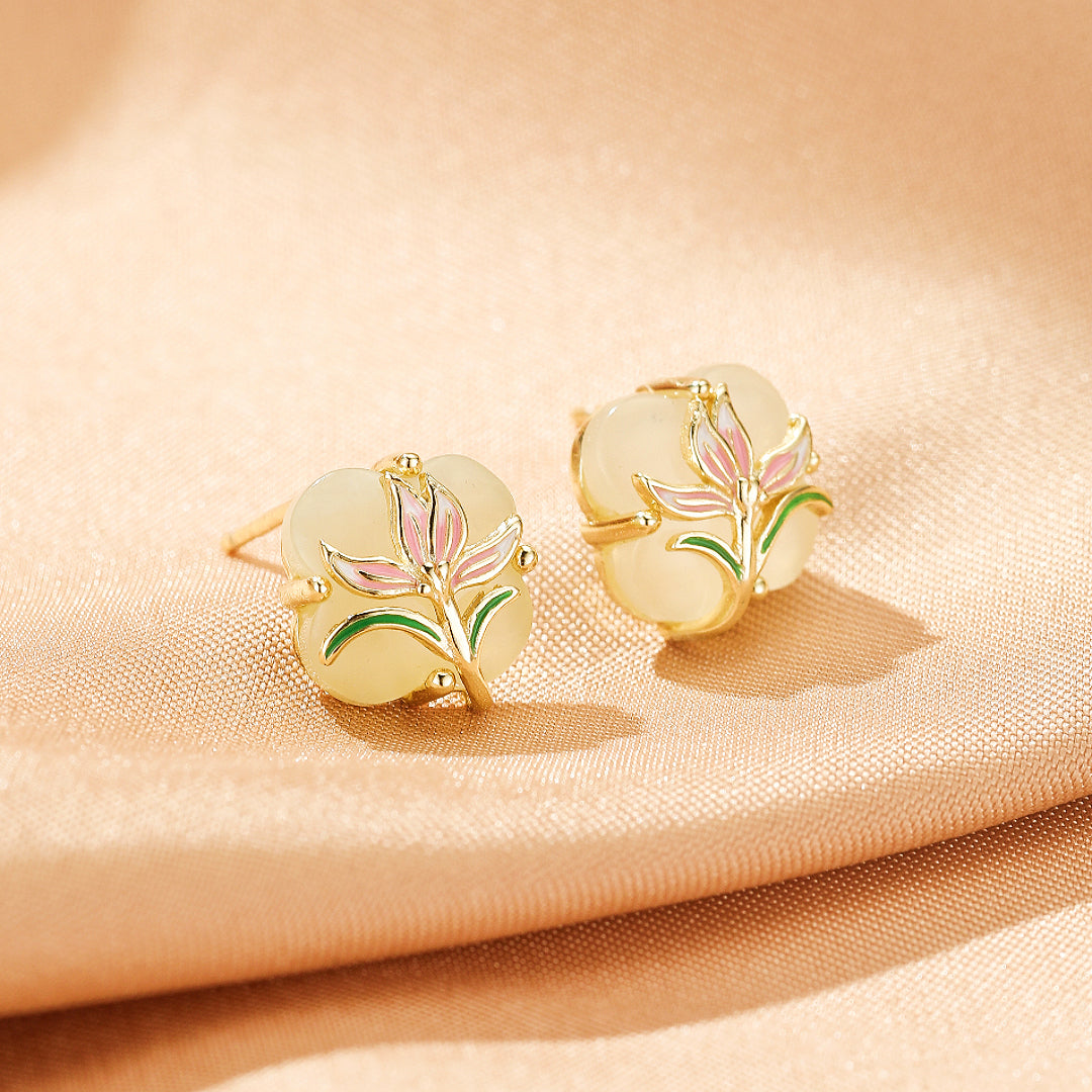 Bijoux-Boucles d’oreilles Jade – Lumière Botanique, Argent Plaqué Or