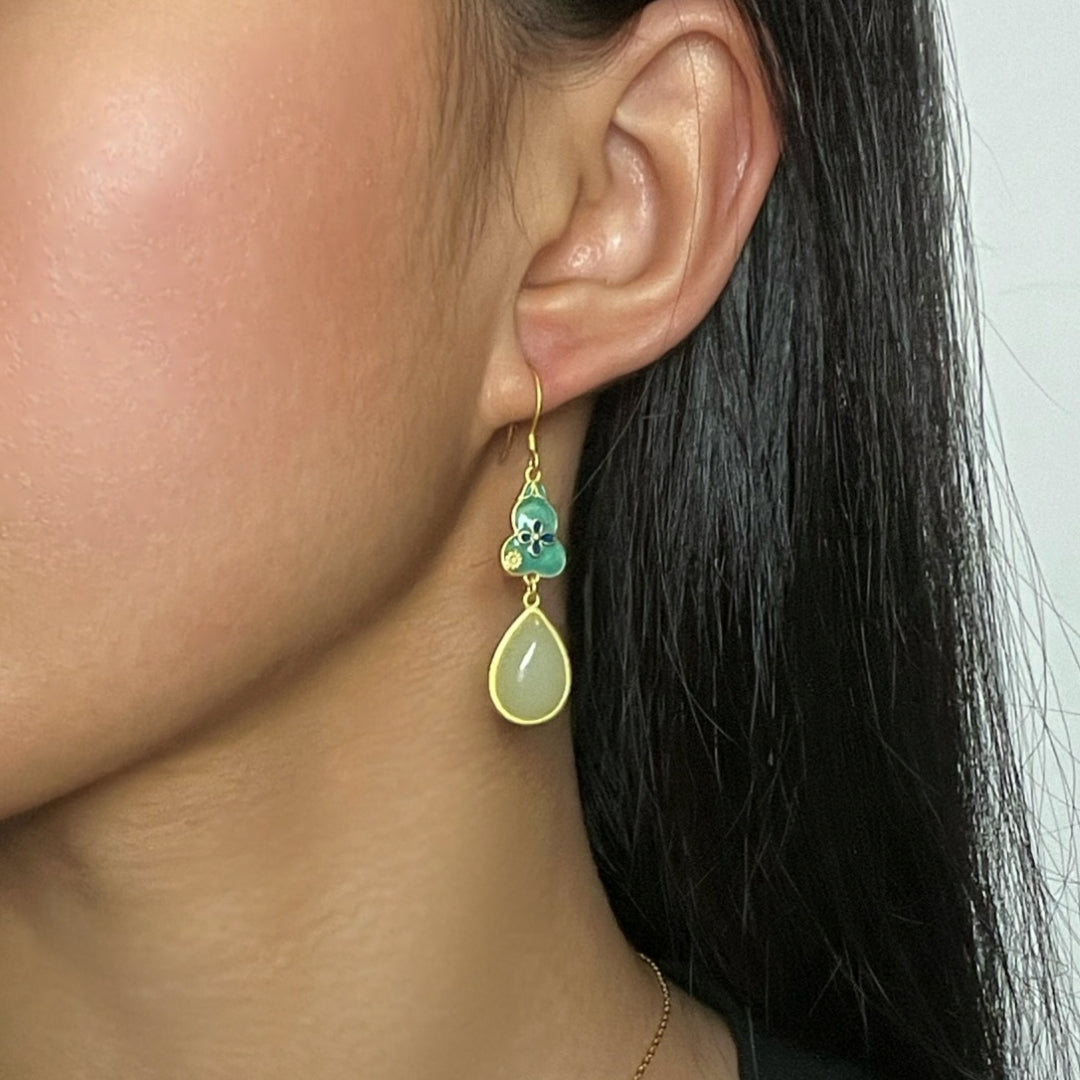 Bijoux-Boucles d'Oreilles Jade – Goutte de Chance, Argent Plaqué Or