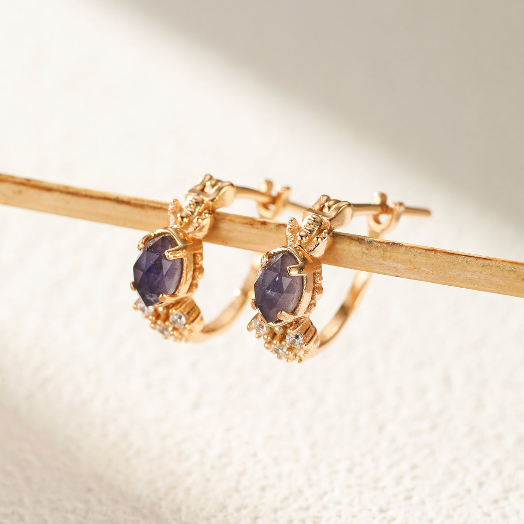 Boucles d'Oreilles Labradorite et Cordiérite – Apaisement, Argent Plaqué Or