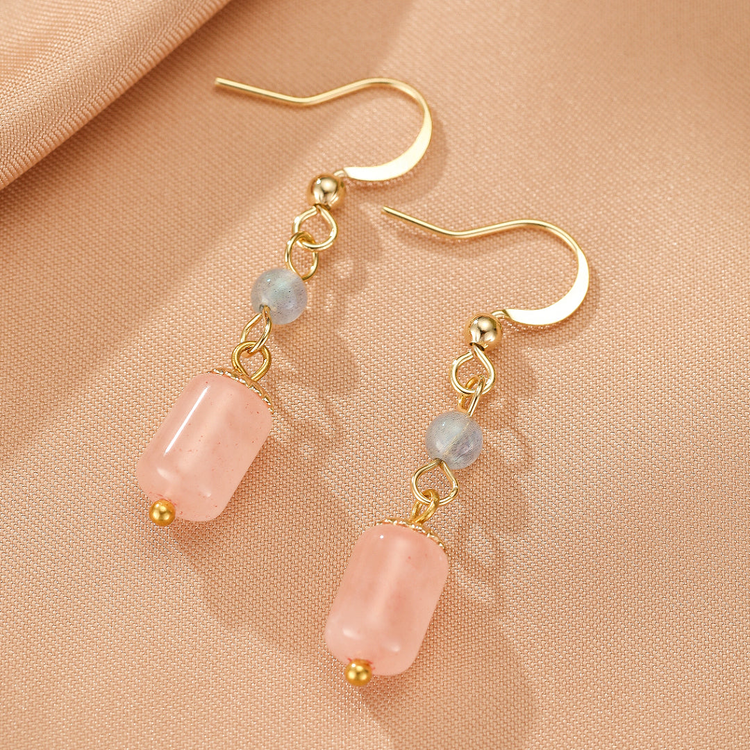 Boucles d’Oreilles Labradorite et Quartz Rose – Douceur d’Éclat