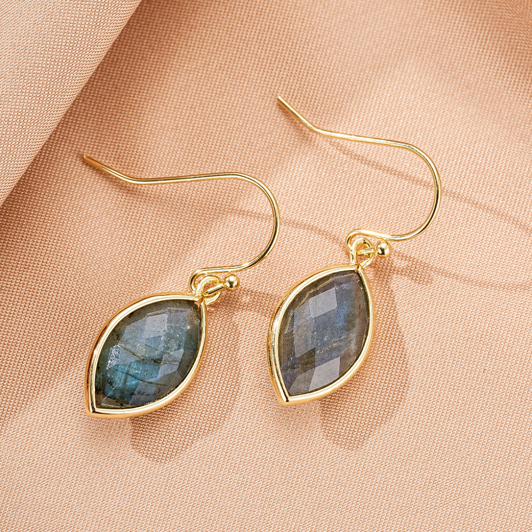 Boucles d’Oreilles Labradorite – Feuilles de Lumière