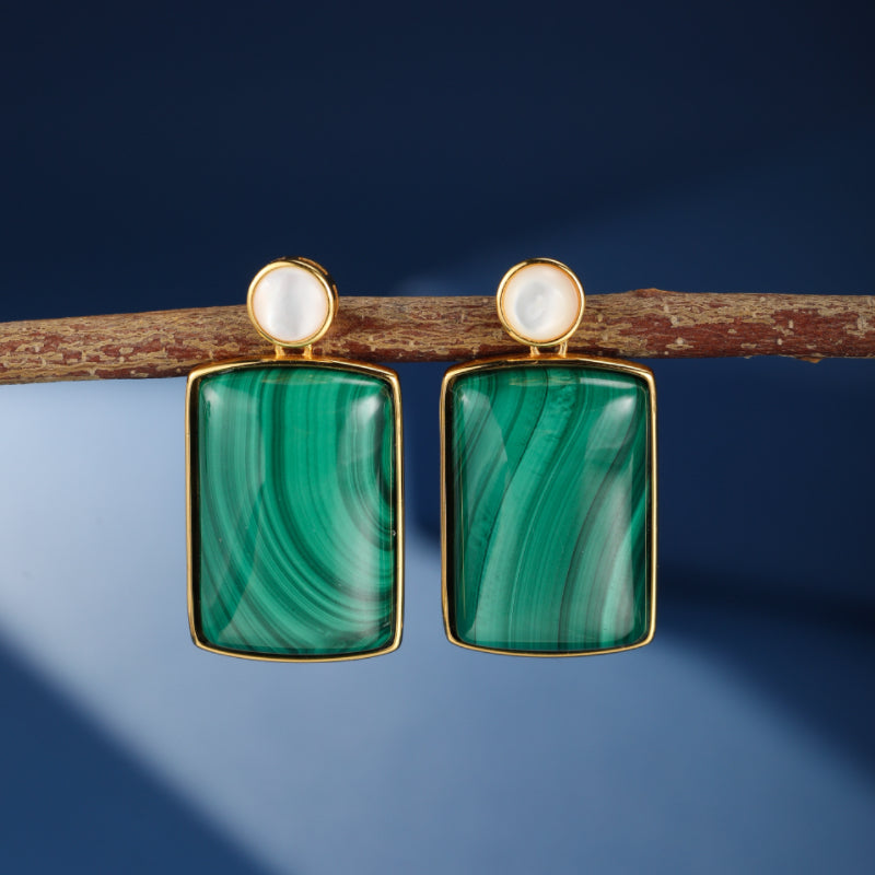 Boucles d'Oreilles Malachite et Nacre – Luminosité Rectangle