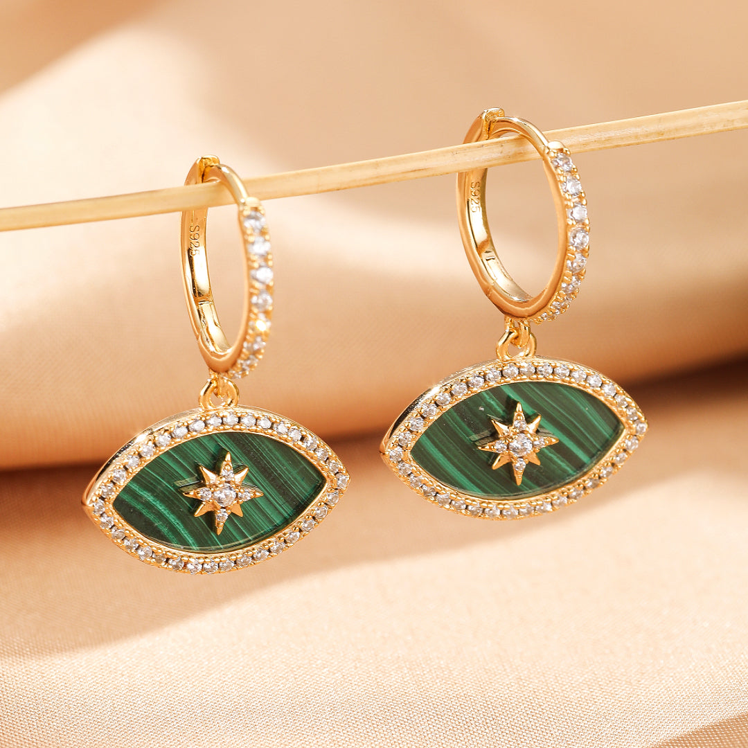 Boucles d’oreilles Malachite – Regard Solaire, Argent Plaqué Or