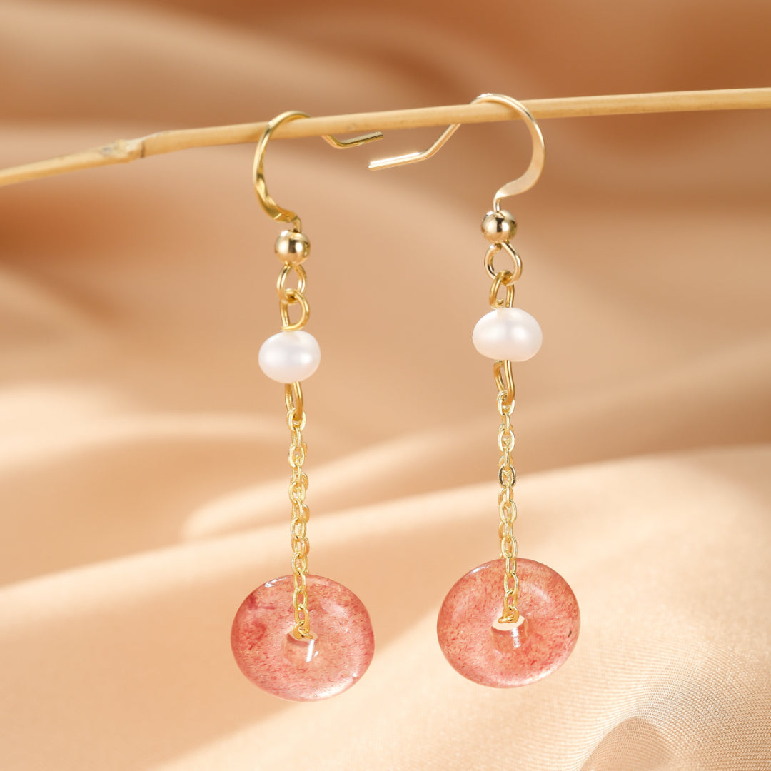 Boucles d’oreilles Quartz Fraise et Perle – Éclat Délicat