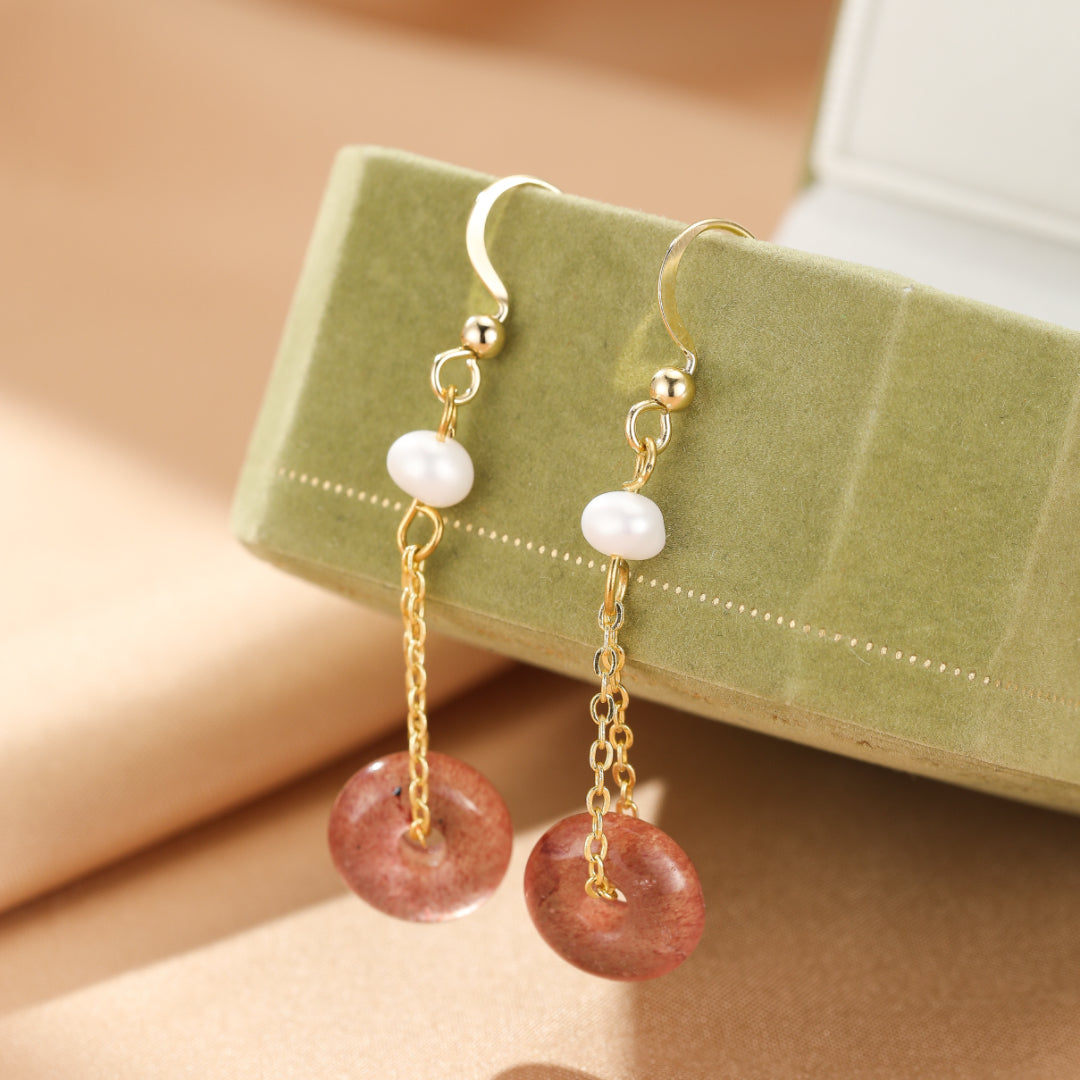 Boucles d’oreilles Quartz Fraise et Perle – Éclat Délicat