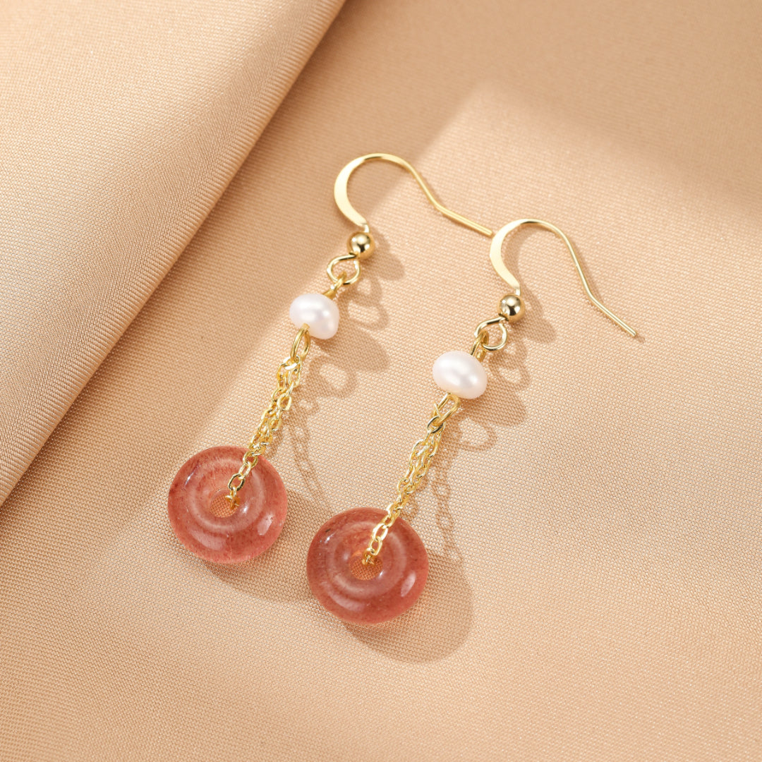 Boucles d’oreilles Quartz Fraise et Perle – Éclat Délicat