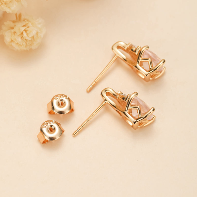 Boucles d'Oreilles Quartz Rose – Élégant Feuillu, Argent Plaqué Or