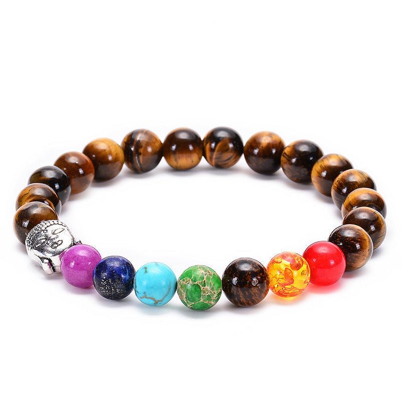 Bracelet 7 Chakras en pierres naturelles dont œil de tigre, avec une breloque Bouddha argentée et des perles colorées : violet, bleu nuit, turquoise, vert, marron, orange et rouge.