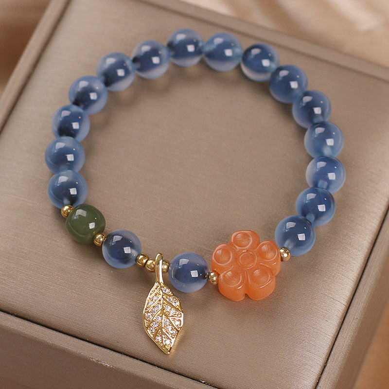 Bracelet Agate Bleue – Feuille Dorée