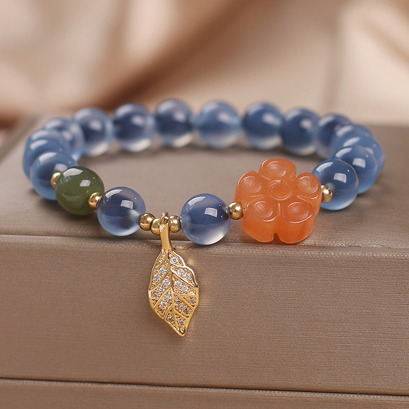 Bracelet Agate Bleue – Feuille Dorée
