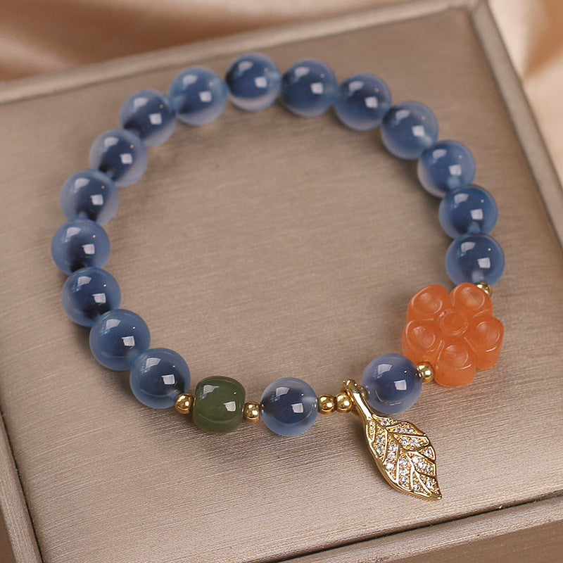 Bracelet Agate Bleue – Feuille Dorée
