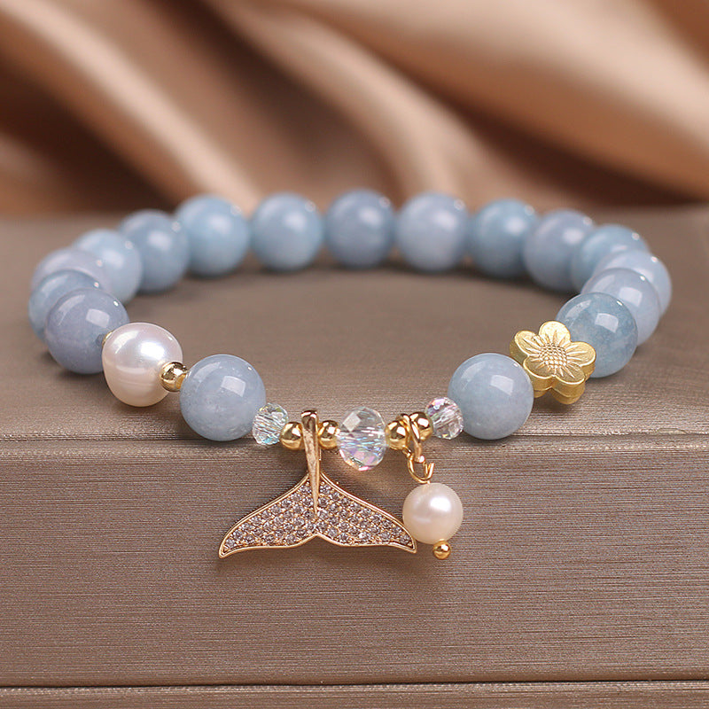 Bracelet Perles Aigue-marine Véritable 6mm Avec Charme - Neuf Avec étiquettes, Style Apaisant