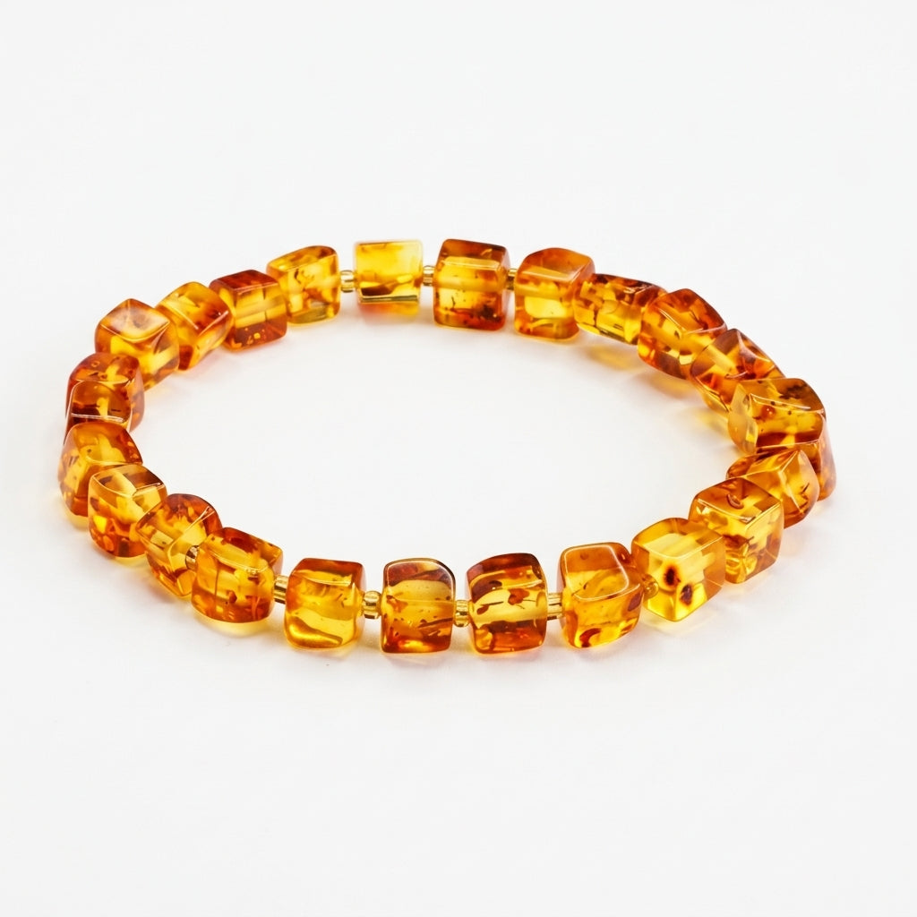 Bracelet en perles d'ambre naturel de forme cubique collection Héritage Solaire sur fond blanc