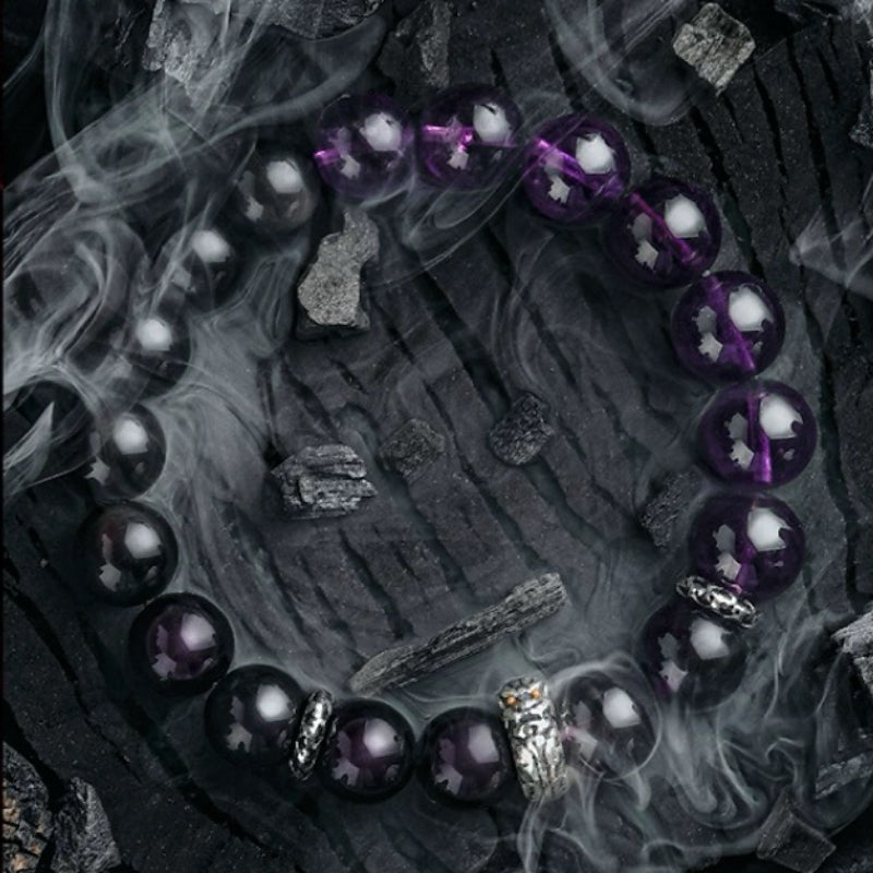 Bracelet Améthyste et Obsidienne – Reflet Sombre, Argent