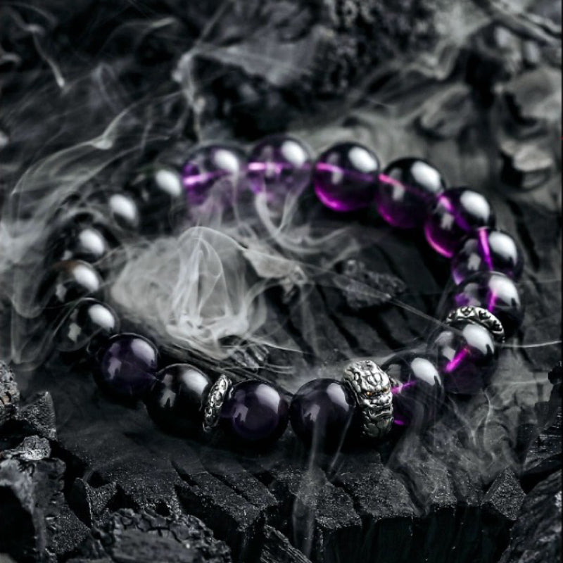 Bracelet Améthyste et Obsidienne – Reflet Sombre, Argent
