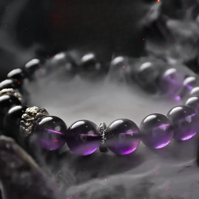 Bracelet Améthyste et Obsidienne – Reflet Sombre, Argent
