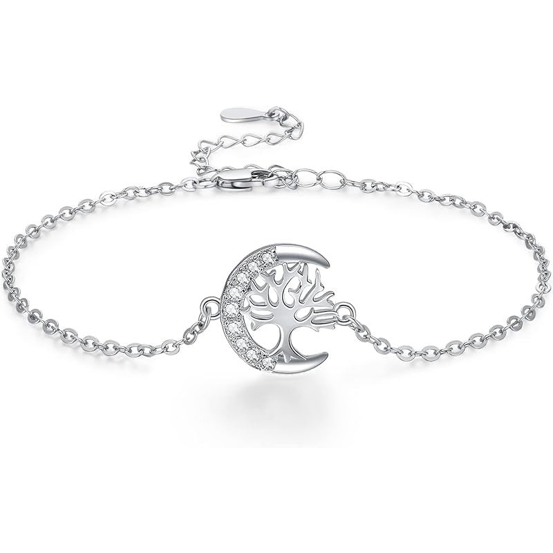 Bracelet Arbre de Vie avec croissant de lune orné de zirconiums, en argent