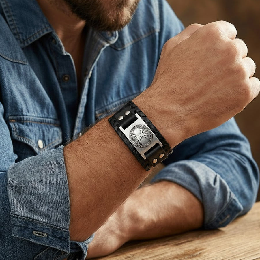 Bracelet Arbre de Vie Force Originelle en cuir noir avec un fermoir argenté gravé d'un arbre de vie, porté au poignet d'un homme.