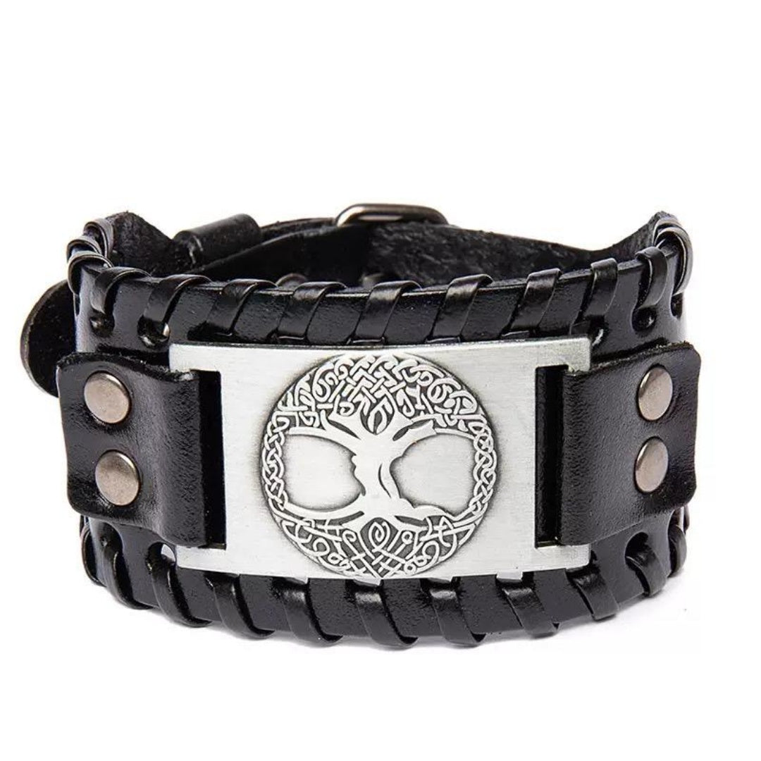 Bracelet Arbre de Vie Force Originelle en cuir noir tressé avec un fermoir argenté et un médaillon central représentant un arbre de vie stylisé.