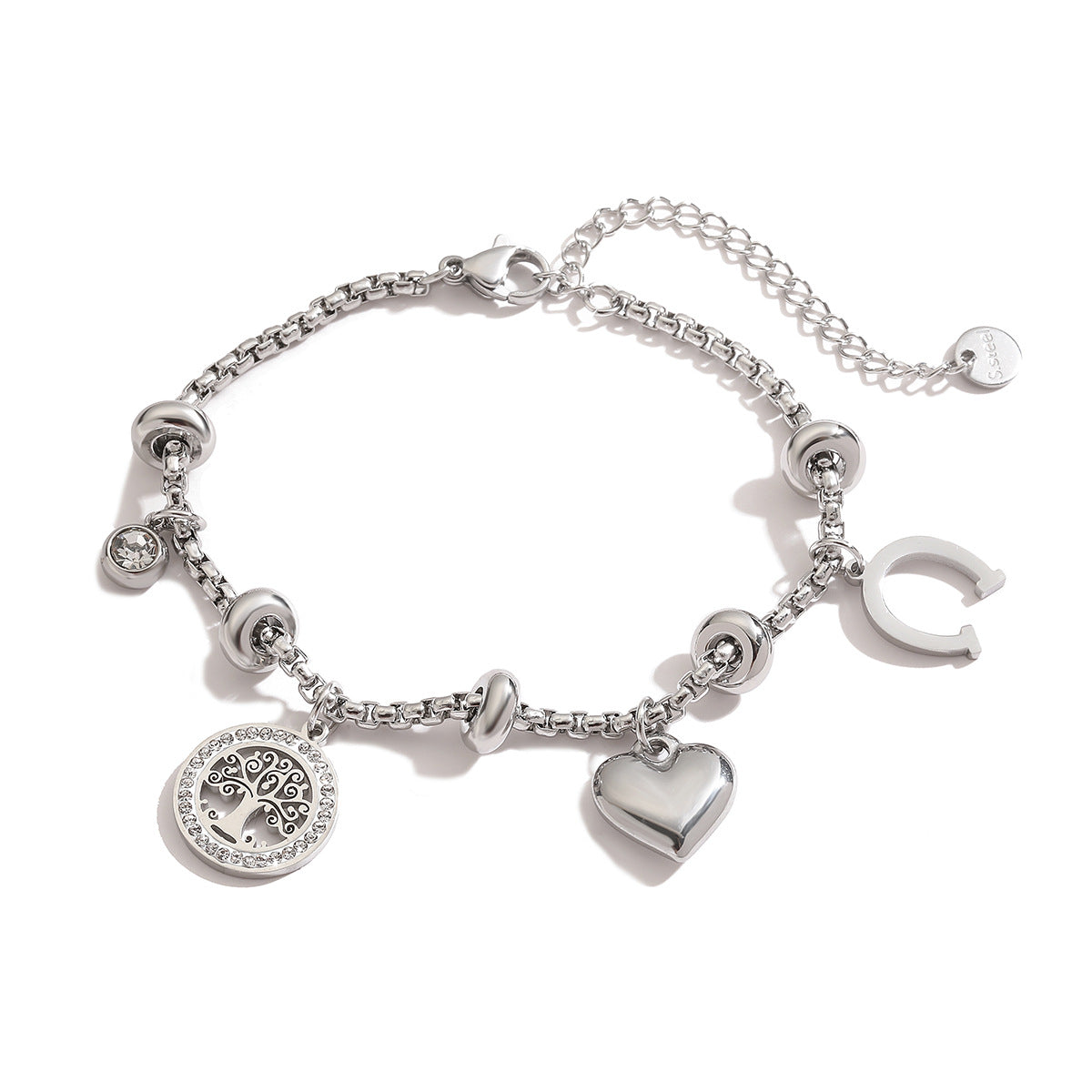 Bracelet Arbre de Vie en acier inoxydable avec breloques en forme de cœur, fer à cheval et zircon.
