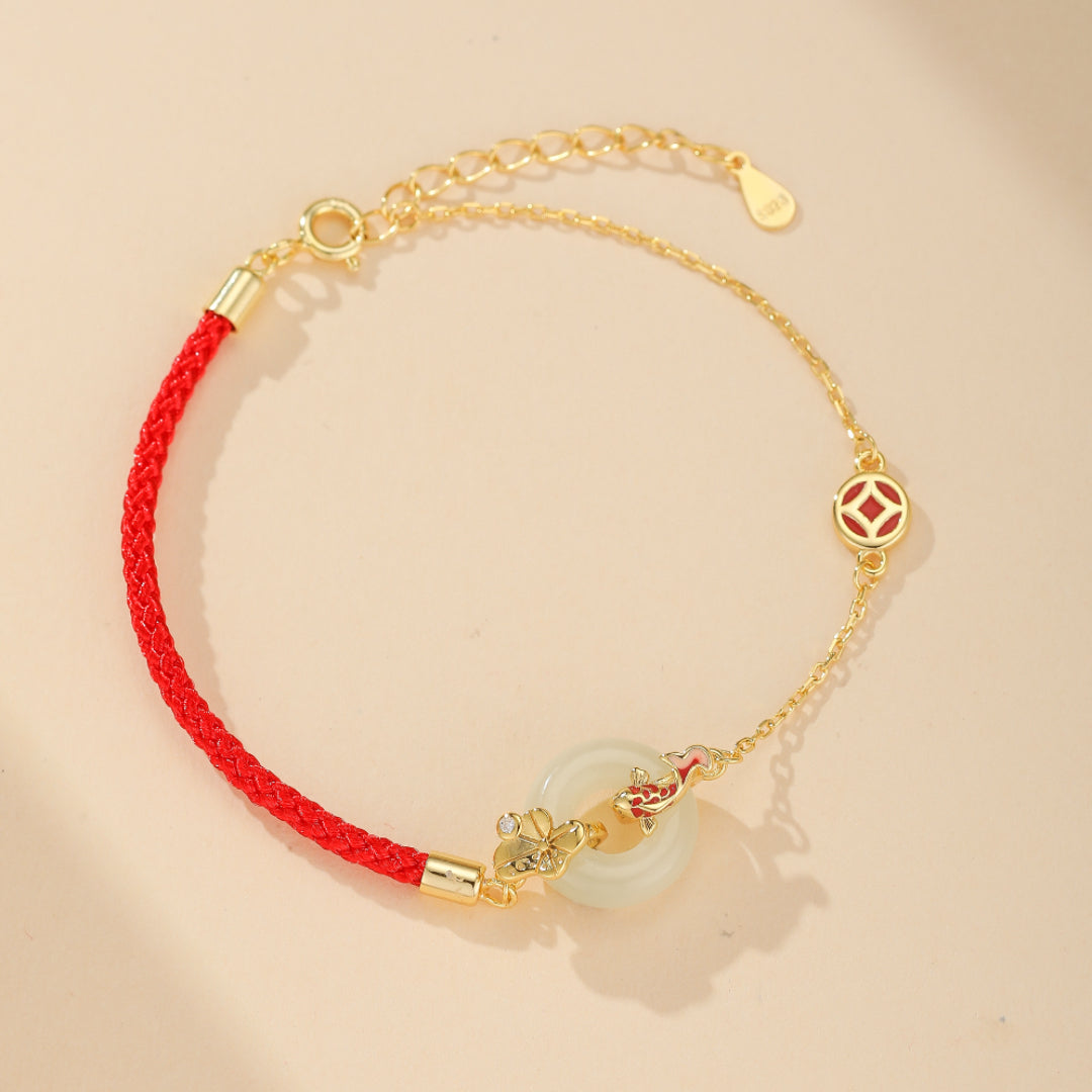 Bracelet Cordon Rouge et Jade – Carpe Koï, Argent Plaqué Or