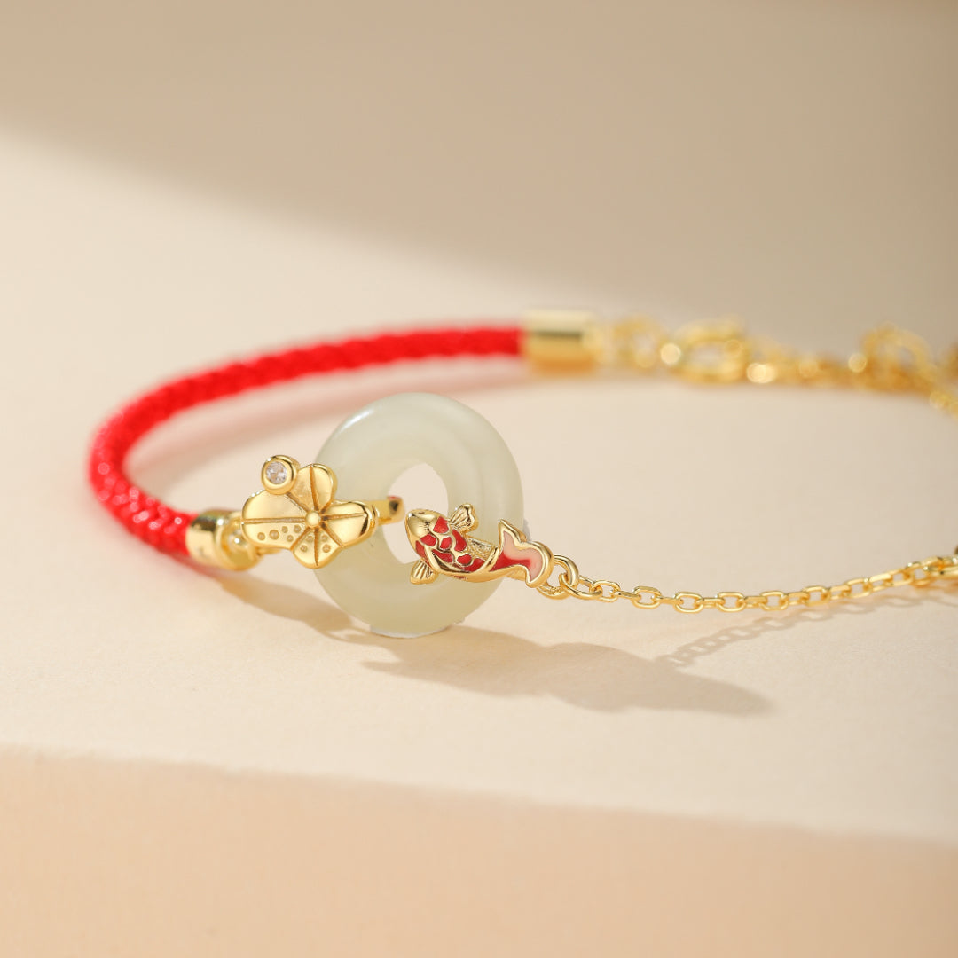 Bracelet Cordon Rouge et Jade – Carpe Koï, Argent Plaqué Or