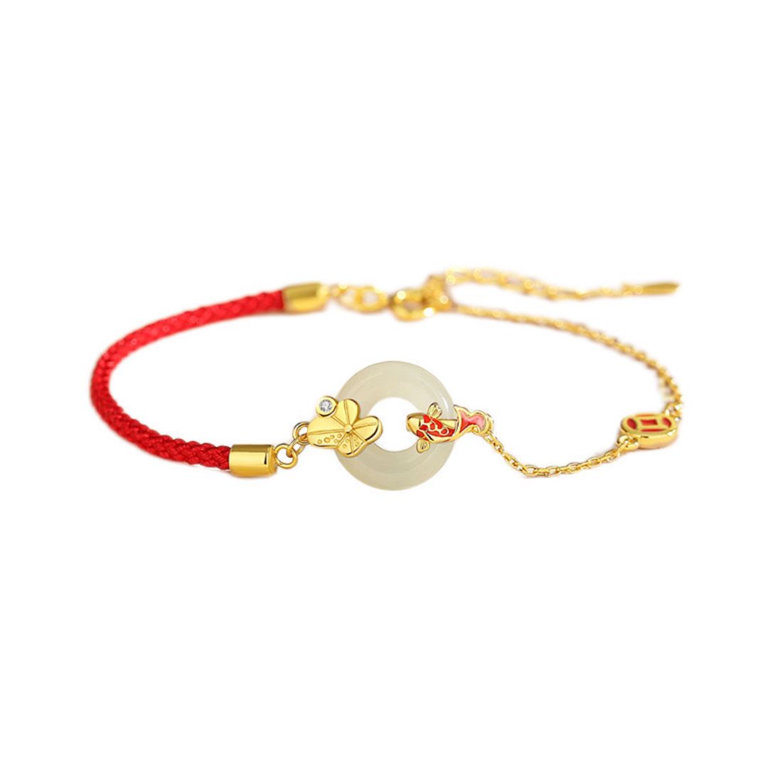 Bracelet Cordon Rouge et Jade – Carpe Koï, Argent Plaqué Or