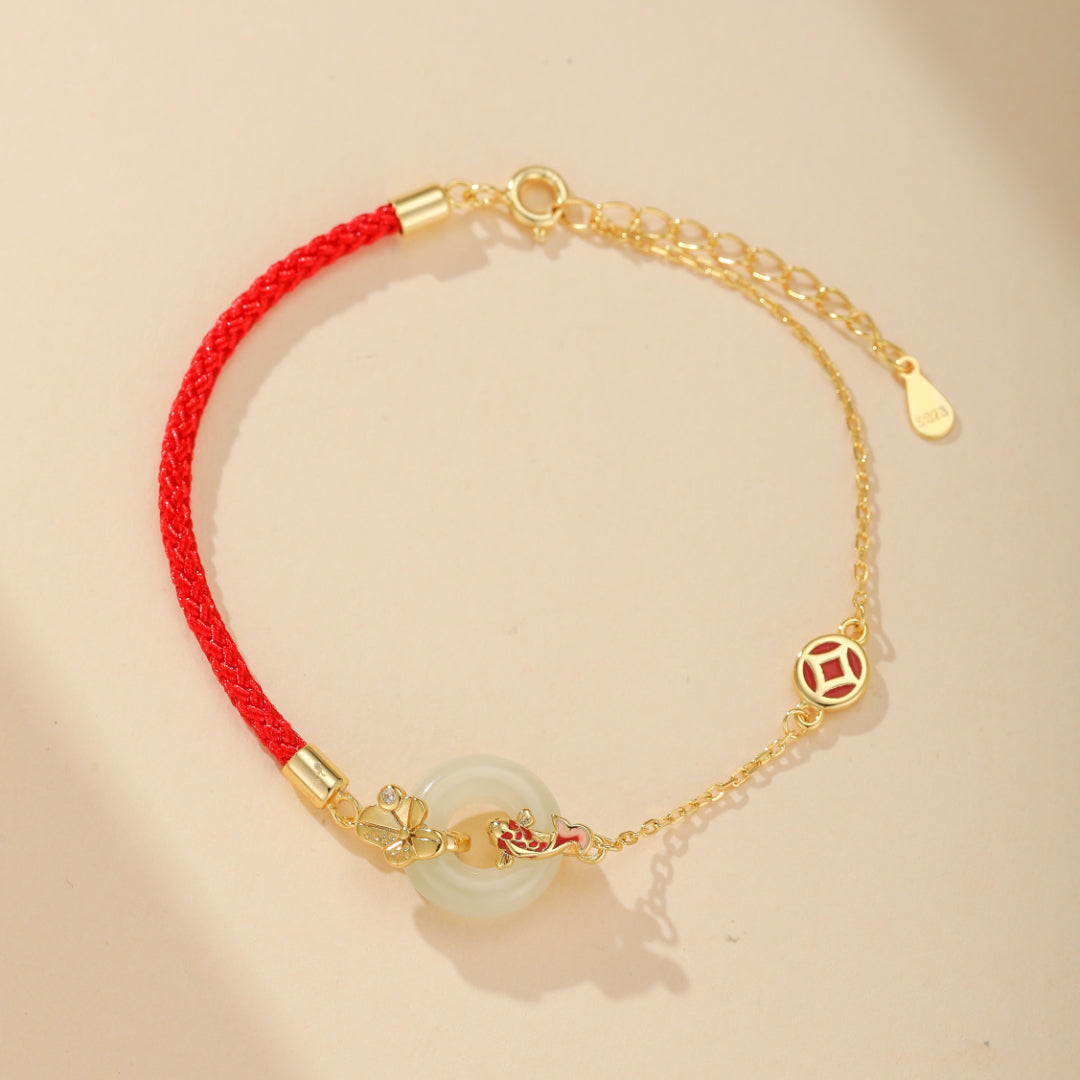 Bracelet Cordon Rouge et Jade – Carpe Koï, Argent Plaqué Or