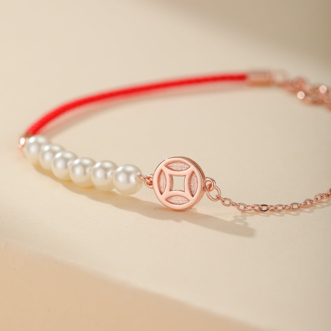 Bracelet Cordon Rouge et Nacre – Abondance, Argent