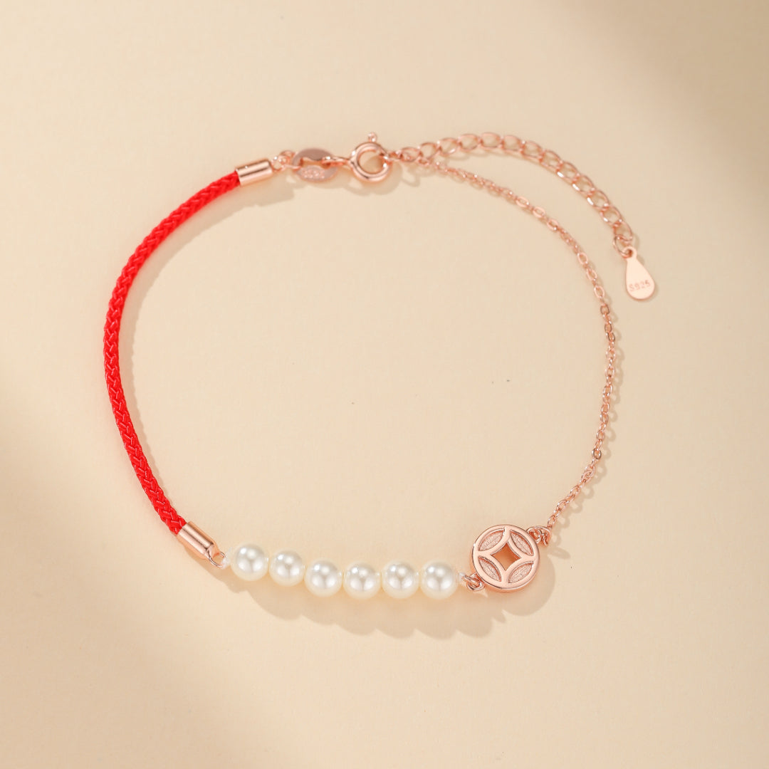 Bracelet Cordon Rouge et Nacre – Abondance, Argent