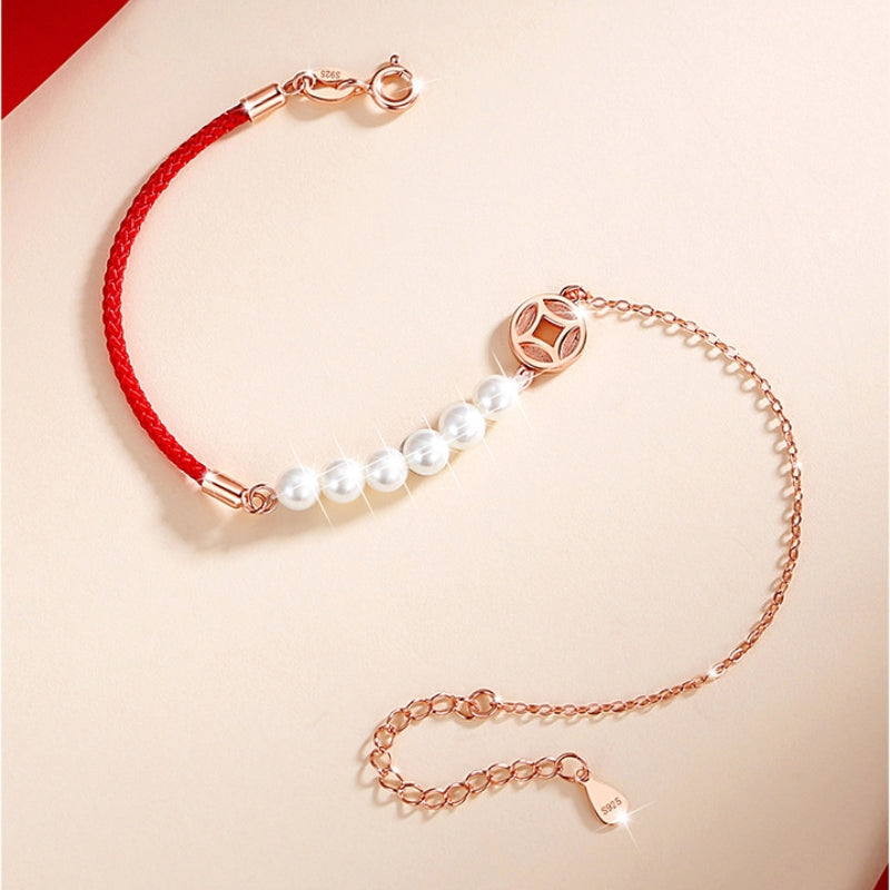 Bracelet Cordon Rouge et Nacre – Abondance, Argent