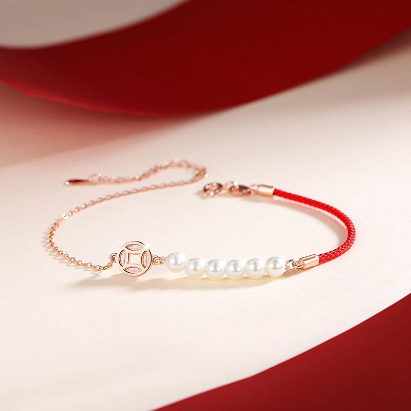 Bracelet Cordon Rouge et Nacre – Abondance, Argent