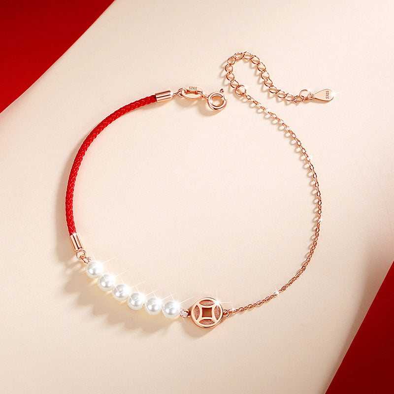 Bracelet Cordon Rouge et Nacre – Abondance, Argent