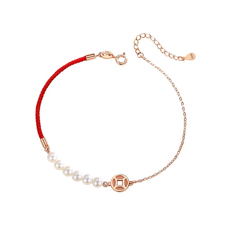 Bracelet Cordon Rouge et Nacre – Abondance, Argent