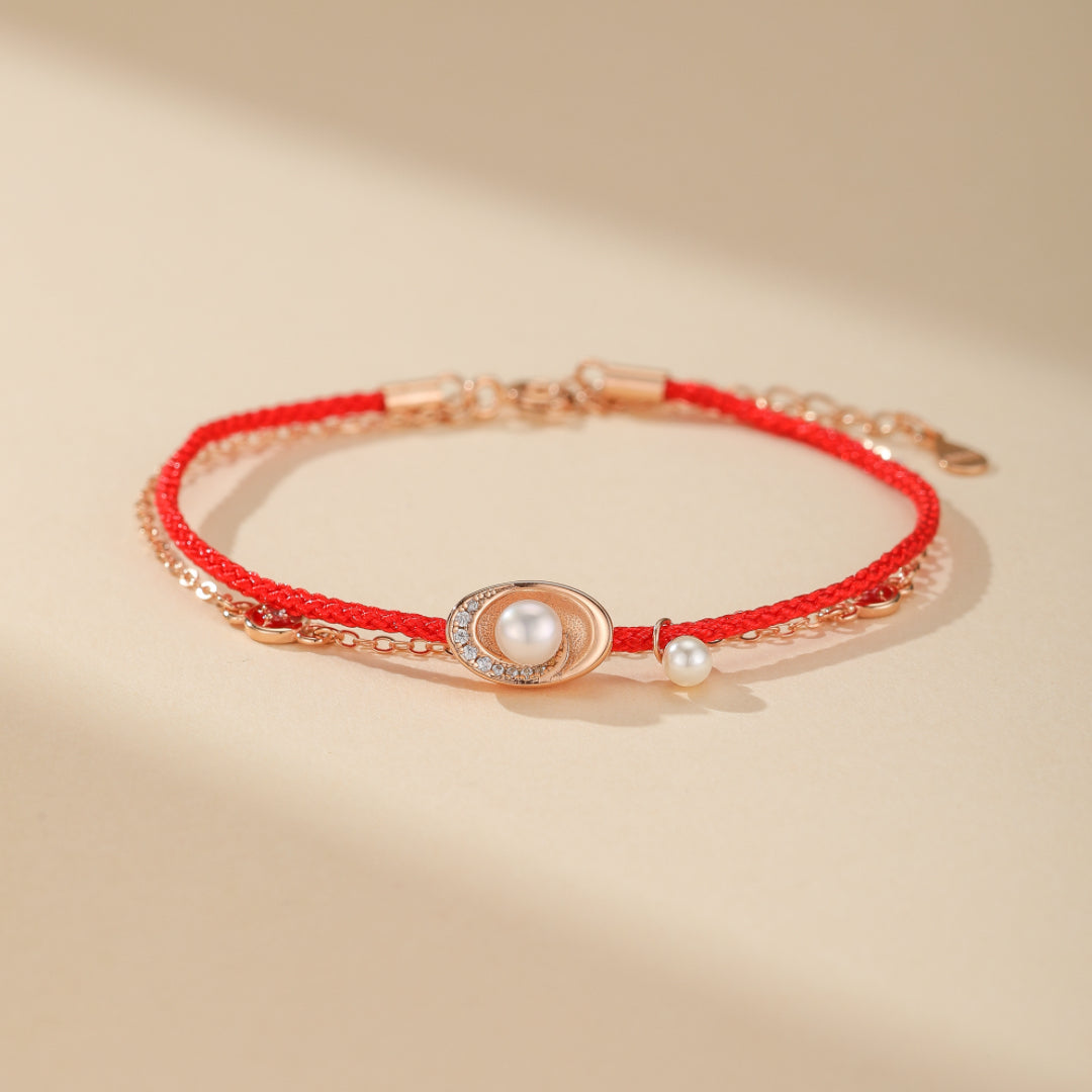 Bracelet Cordon Rouge et Perle – Trésor Marin, Argent Plaqué Or