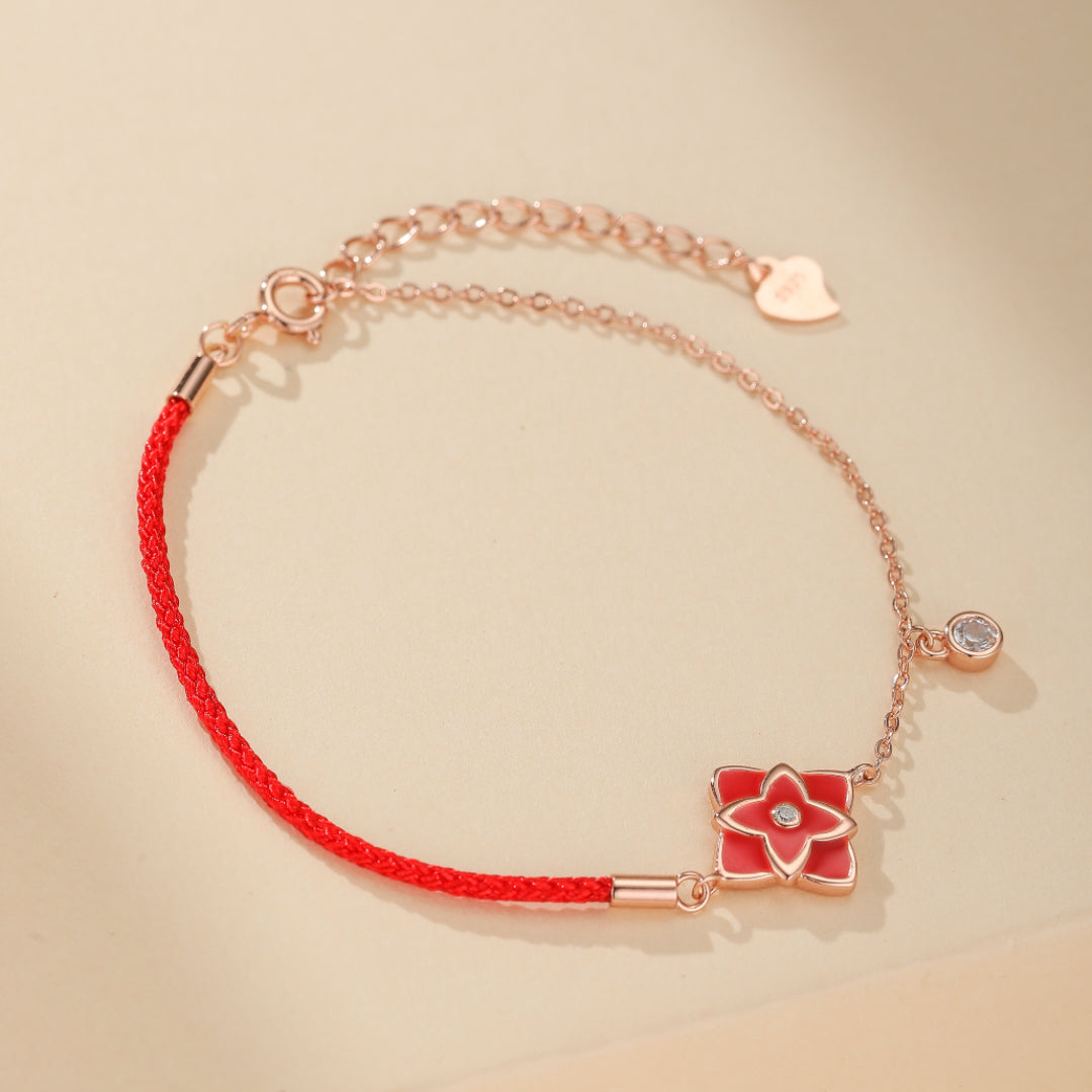 Bracelet Cordon Rouge – Fleur de Chance, Argent 925
