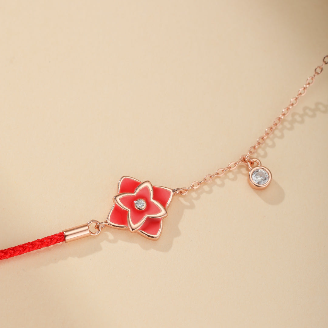 Bracelet Cordon Rouge – Fleur de Chance, Argent 925