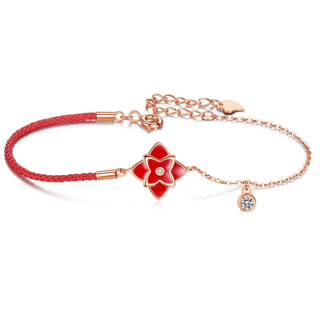 Bracelet Cordon Rouge – Fleur de Chance, Argent 925