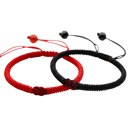 Bracelet couple/ami dragon en fil rouge et noir avec un nœud central assorti